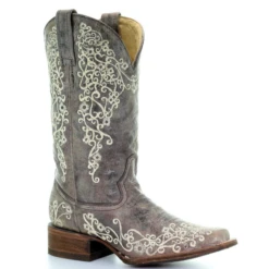 CORRAL WOMEN'S BROWN CRATER BONE EMBROIDERY SQUARE TOE BOOT- A2663
