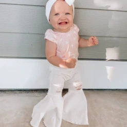 BAILEY'S BLOSSOMS INFANT/TODDLER BARBIE PLEATED DENIM BELL BOTTOM DISTRESSED WHITE