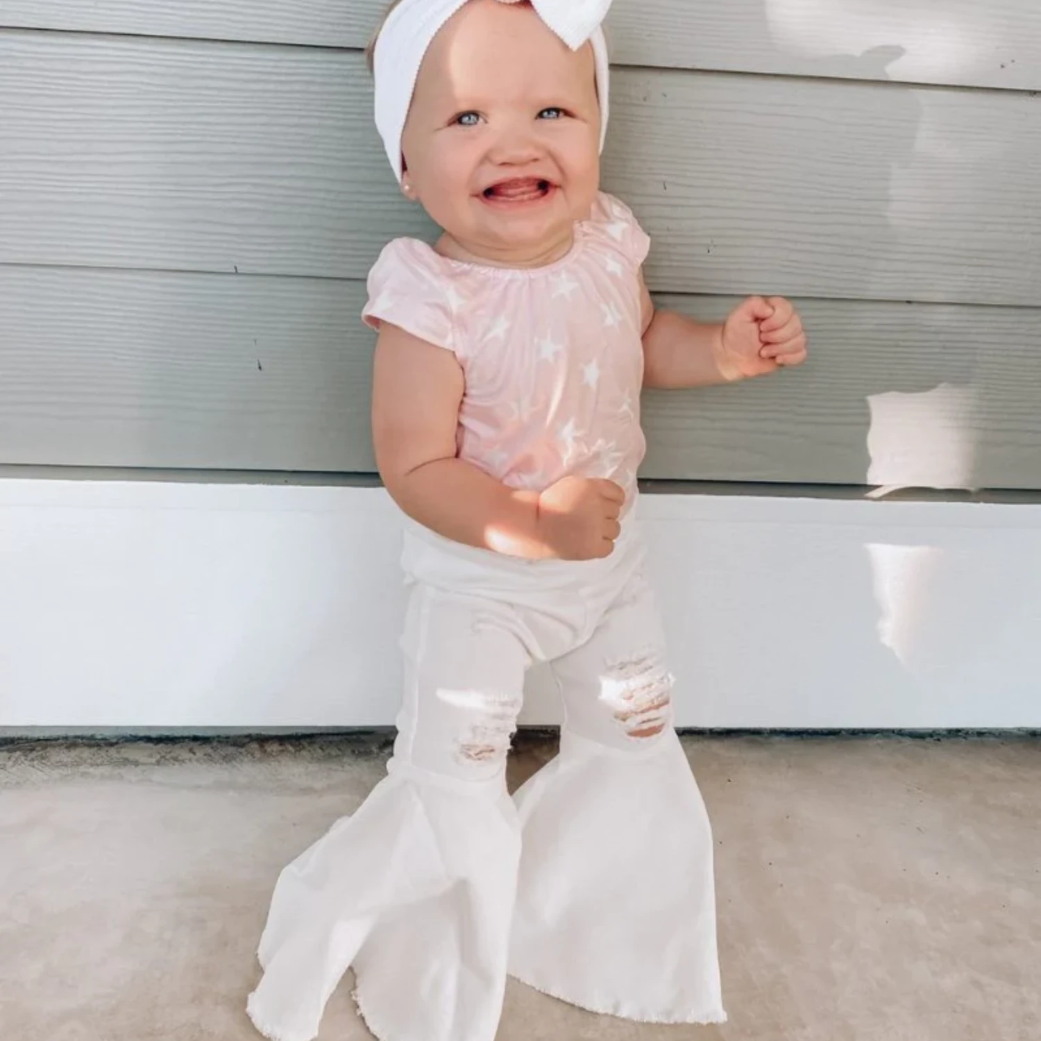 BAILEY'S BLOSSOMS INFANT/TODDLER BARBIE PLEATED DENIM BELL BOTTOM DISTRESSED WHITE 1 BAILEY'S BLOSSOMS INFANT/TODDLER BARBIE PLEATED DENIM BELL BOTTOM DISTRESSED WHITE